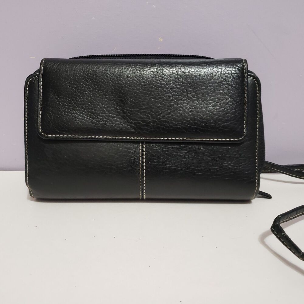 BUXTON Black Leather Accordion  Style Crossbody Hipster Purse Women's 4.5"×7"